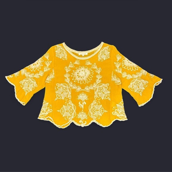 Solitaire Tops - Solitaire Mustard Top with White Floral Embroidery